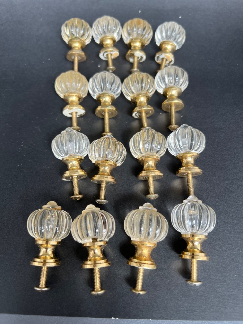 16 Drawer Knobs Handles Clear Glass Solid Brass Base & Screws Vintage 1 1/2"